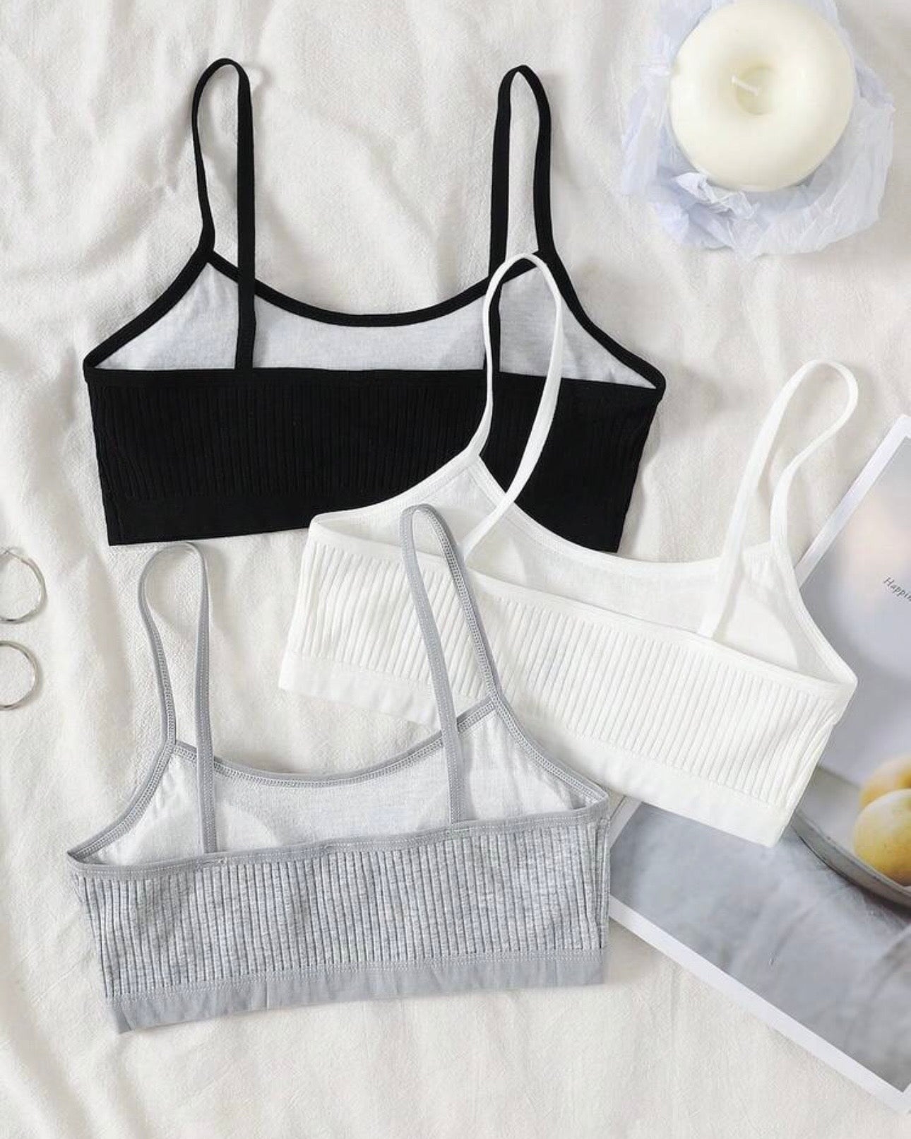 3pcs Tween Girls’ Comfortable Padded Bras – Black, White & Grey Set