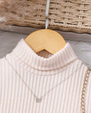 Girls High Neck Pearl Petal Sleeve Apricot Knit Sweater And Brown Leather Pearl Bow Skirt