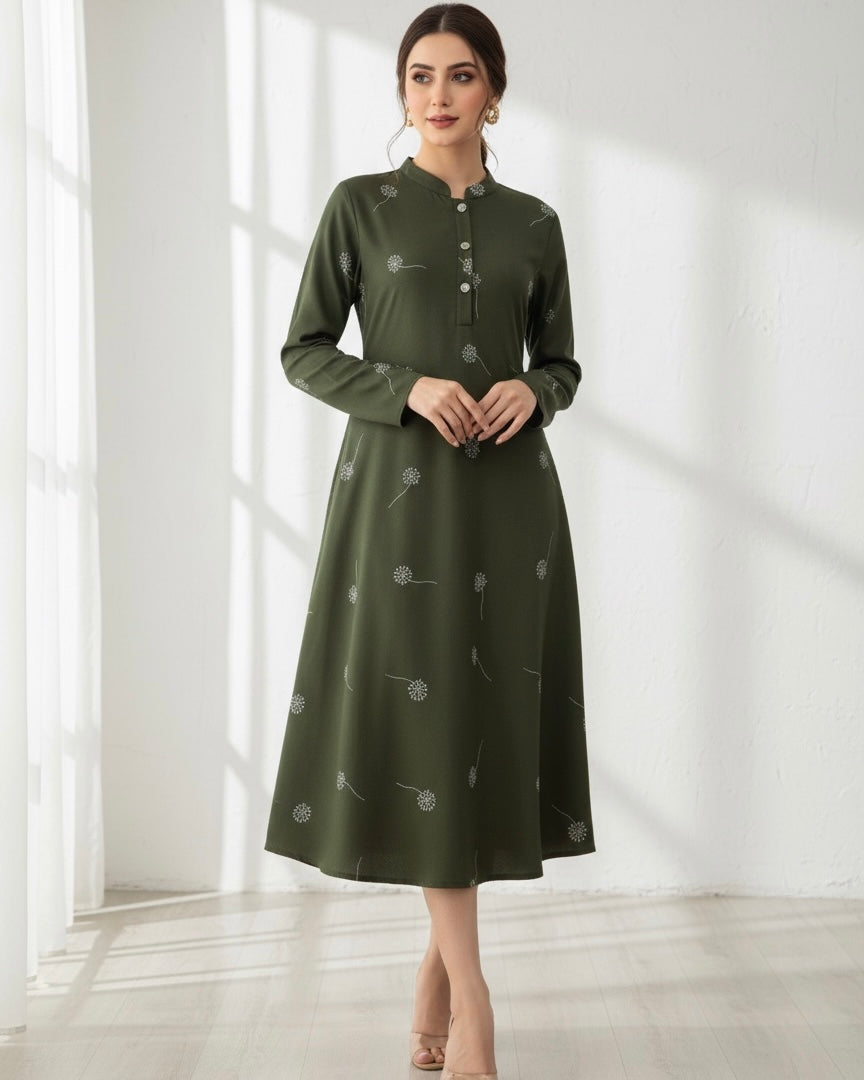 Women Floral Print Button Half Placket Long Sleeve Casual Dress