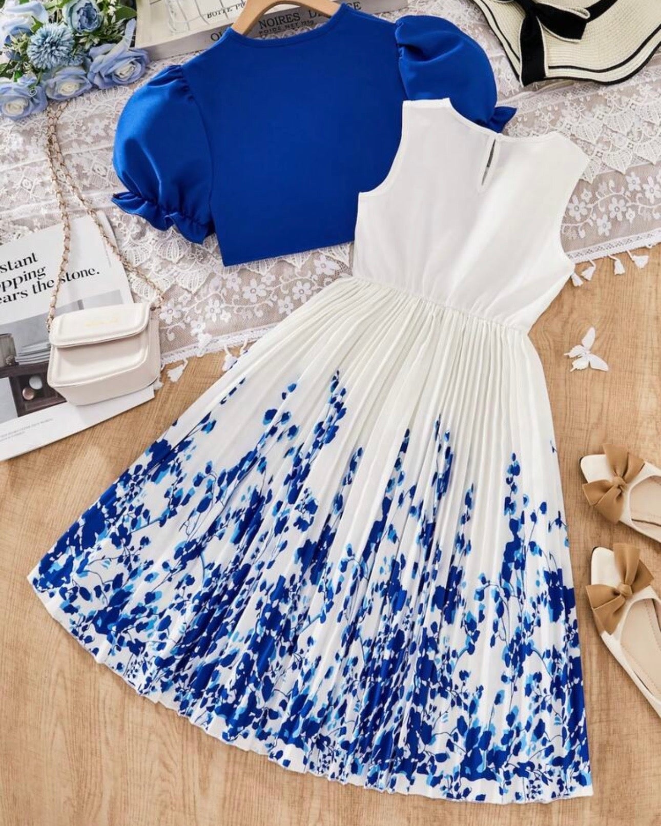 Girls 2-Piece Blue Floral Print Pleated Dress & Cardigan Set