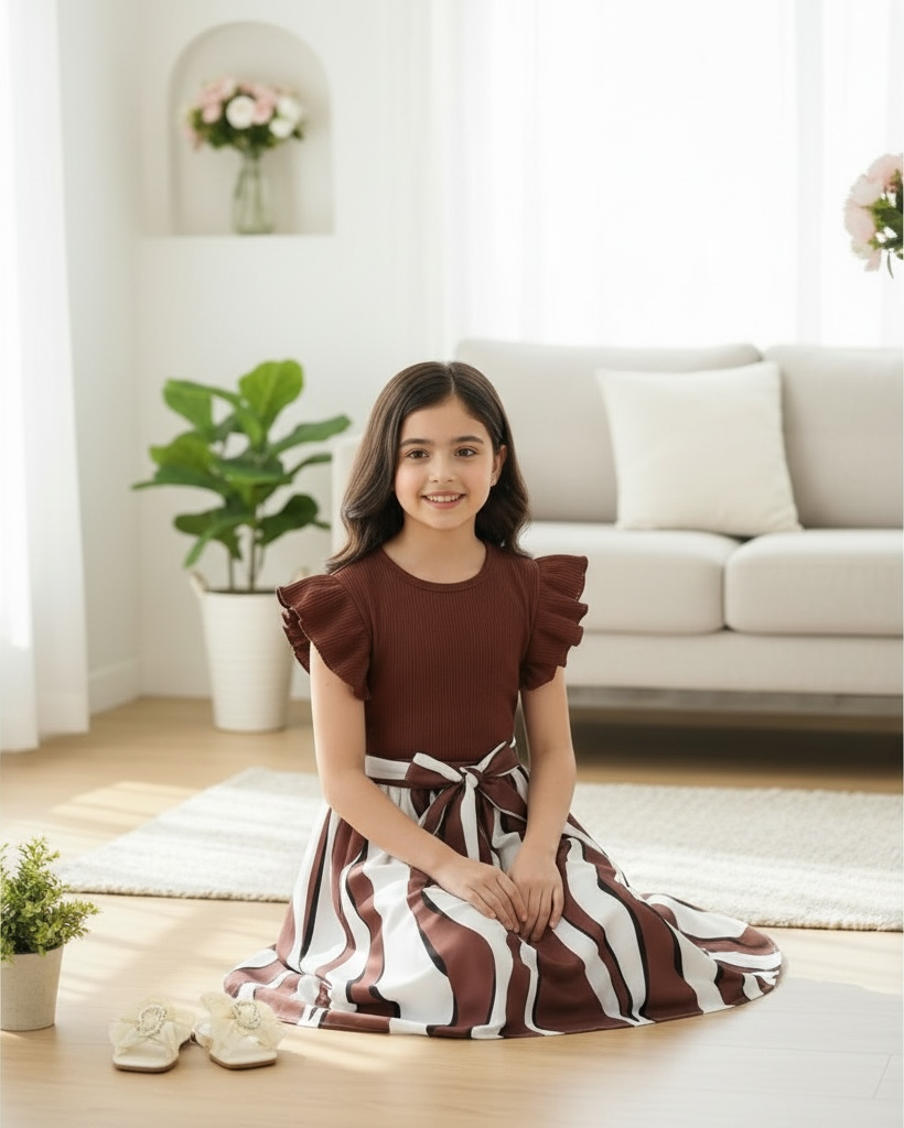 Tween Girls Fashionable Geometric Print Ribbed Brown Dress