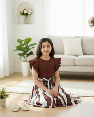 Tween Girls Fashionable Geometric Print Ribbed Brown Dress