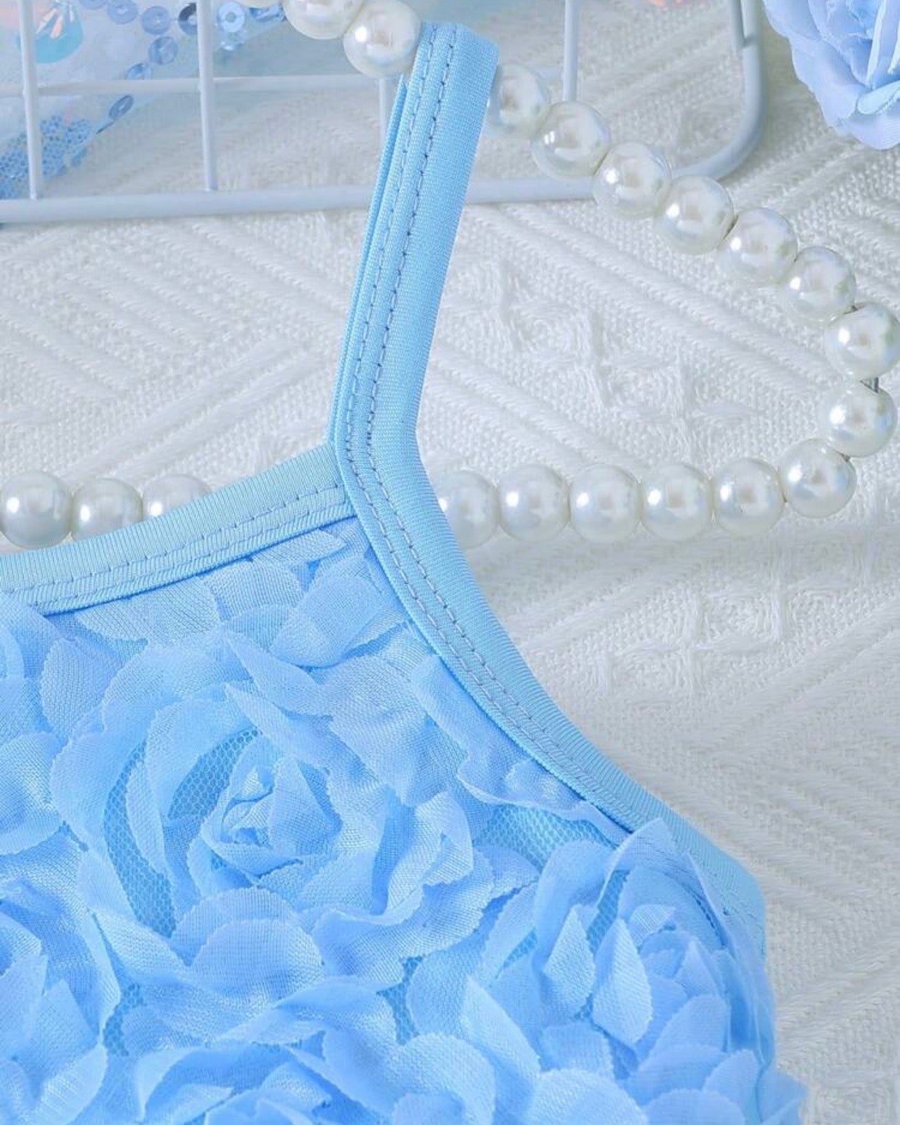 Girls Baby Blue Floral Embroidery Top & Tulle Skirt 2-Piece Set