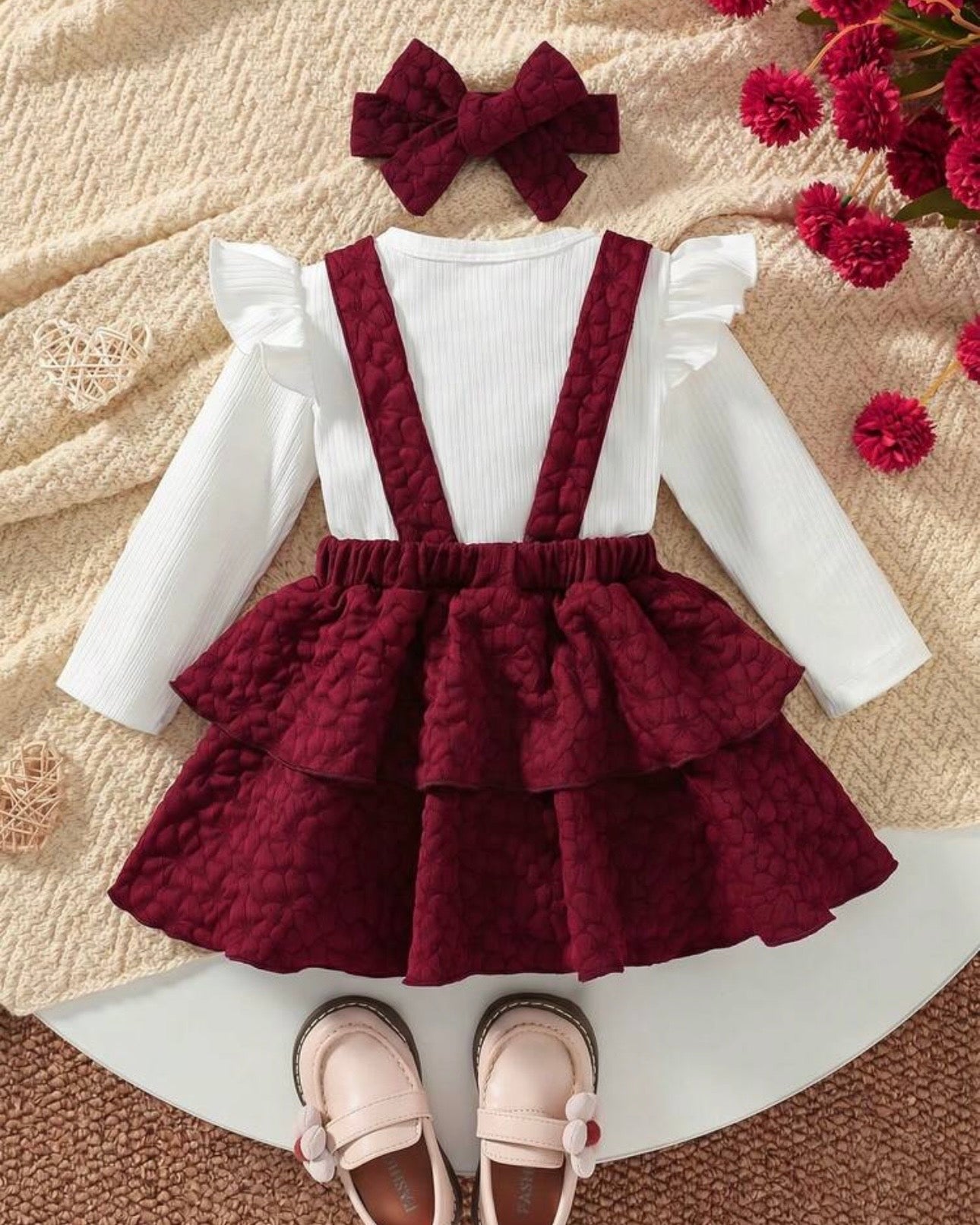 3PCS Baby Girl White Bodysuit, Meroon Suspender Dress & Headband Set