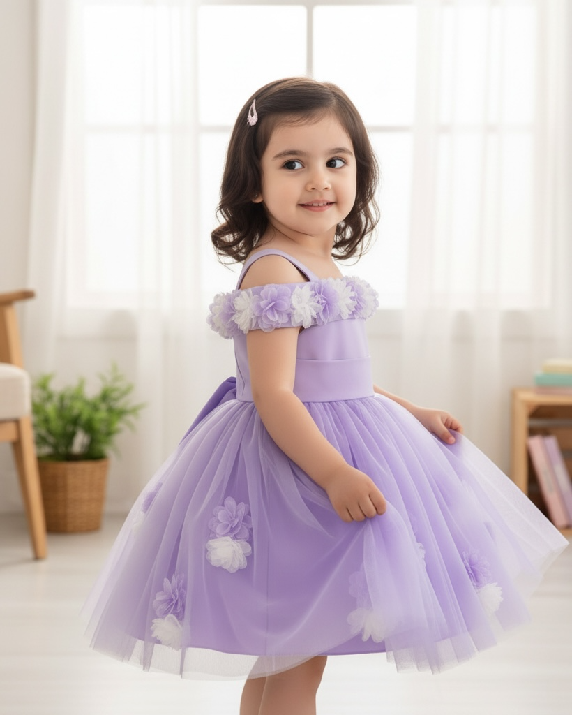 Baby Girls Mauve Purple Floral Tulle Princess Dress – Birthday Outfit