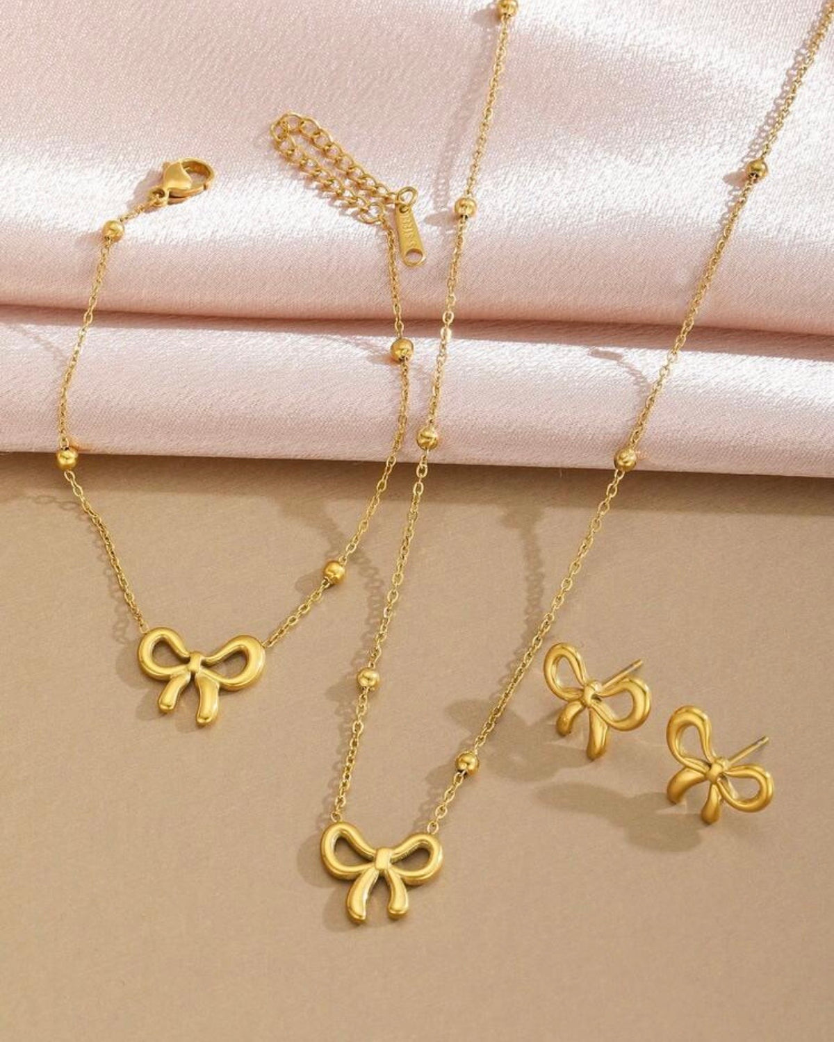 3pcs Elegant Stainless Steel Bow Pendant Necklace, Bracelet And Earrings Set