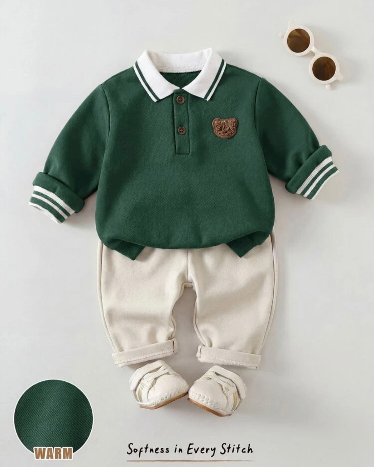 2pcs Baby Boy Green Polo Bear Shirt & Beige Winter Pants
