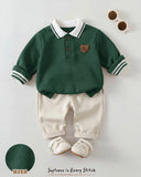 2pcs Baby Boy Green Polo Bear Shirt & Beige Winter Pants