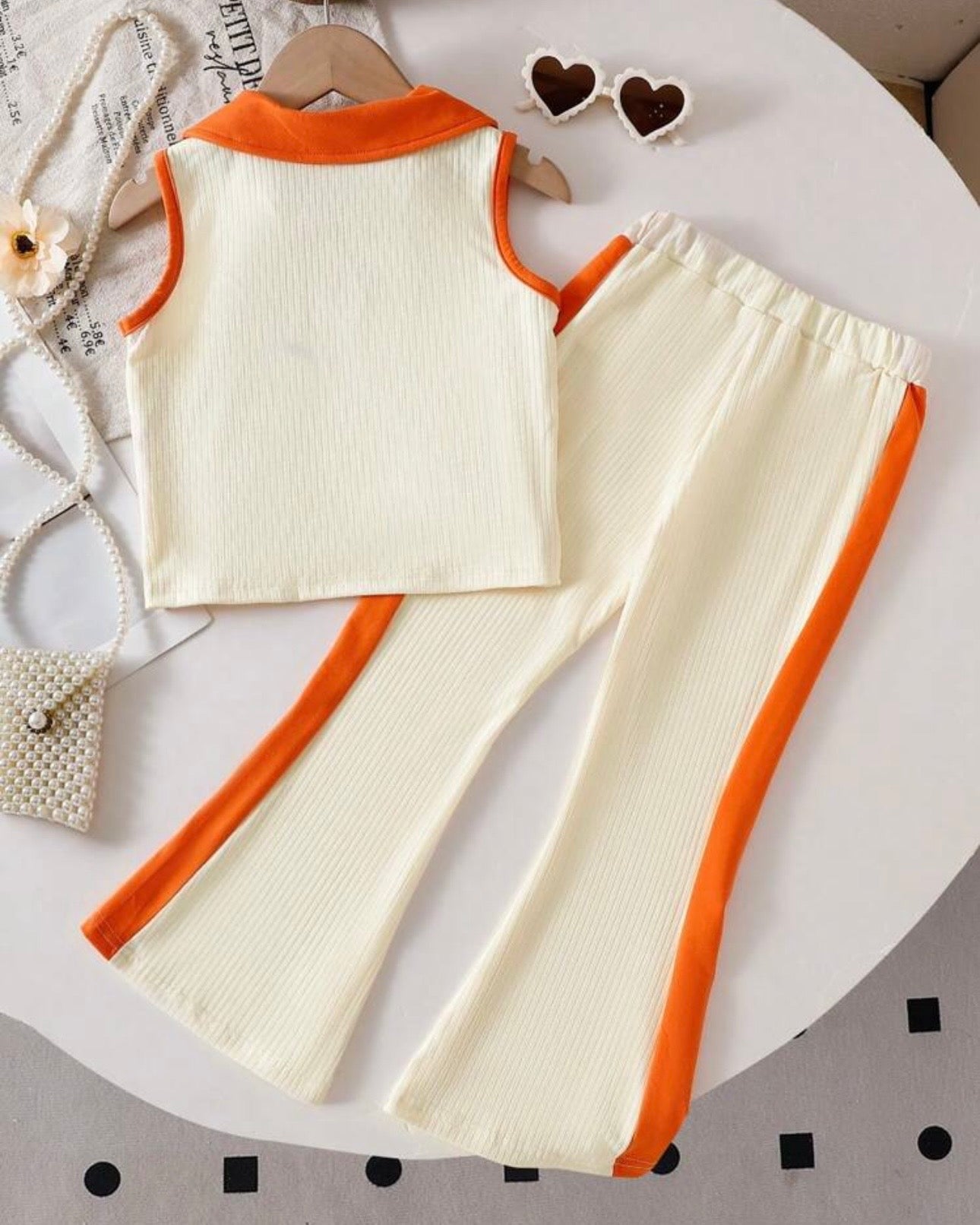 2pcs Girls 3D Floral Knitted White and Orange Polo Vest And Flared Pants