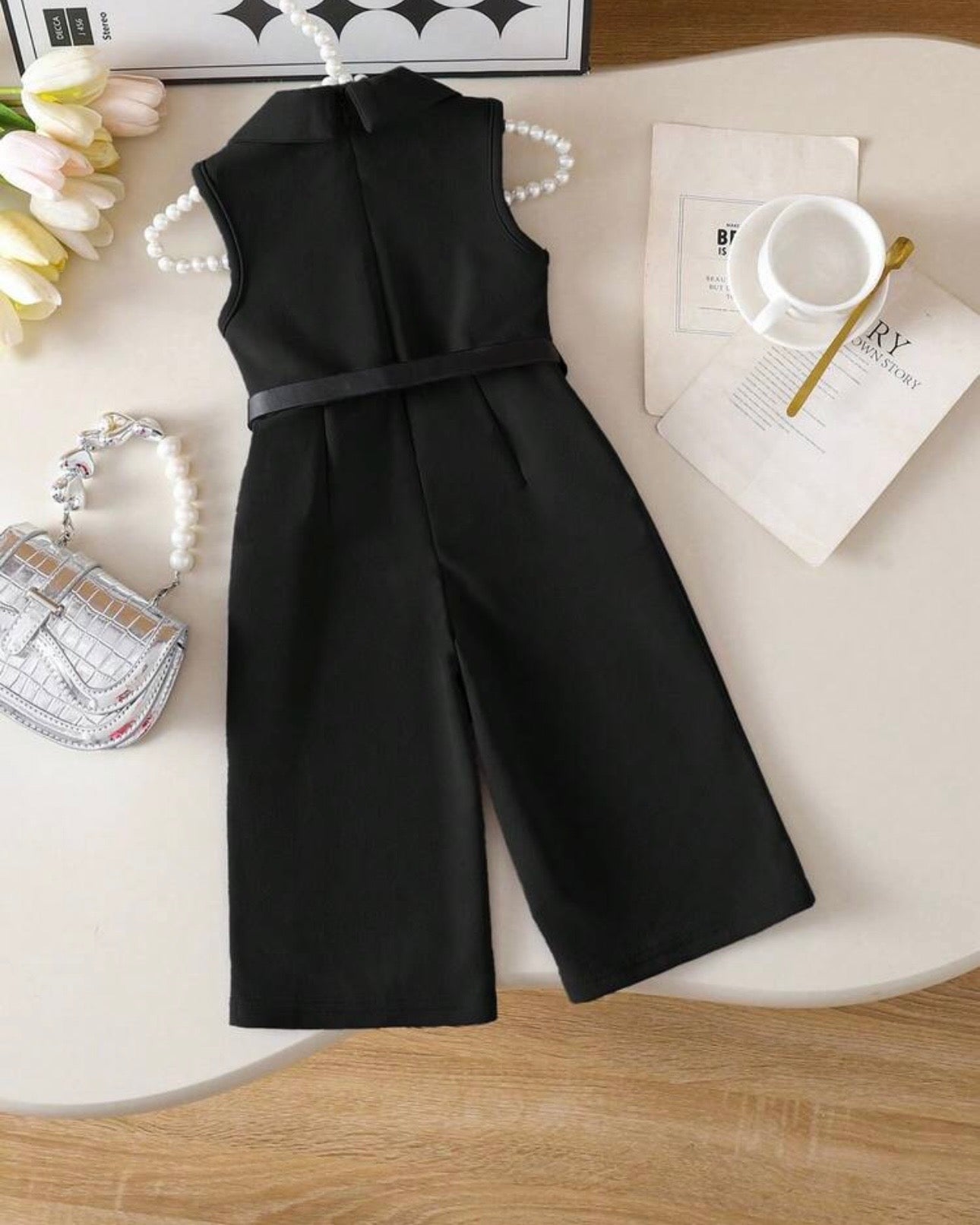 Baby Girl Elegant Black Sleeveless Lapel Collar Jumpsuit