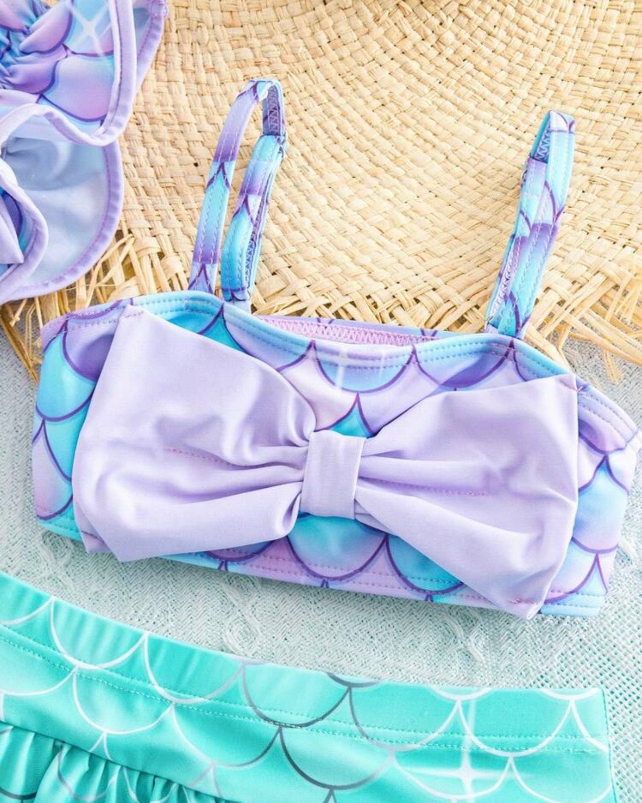 Girls Mermaid Ruffle Bikini Set with Hat – 3pc Swimwear Outfit for Beach & Pool