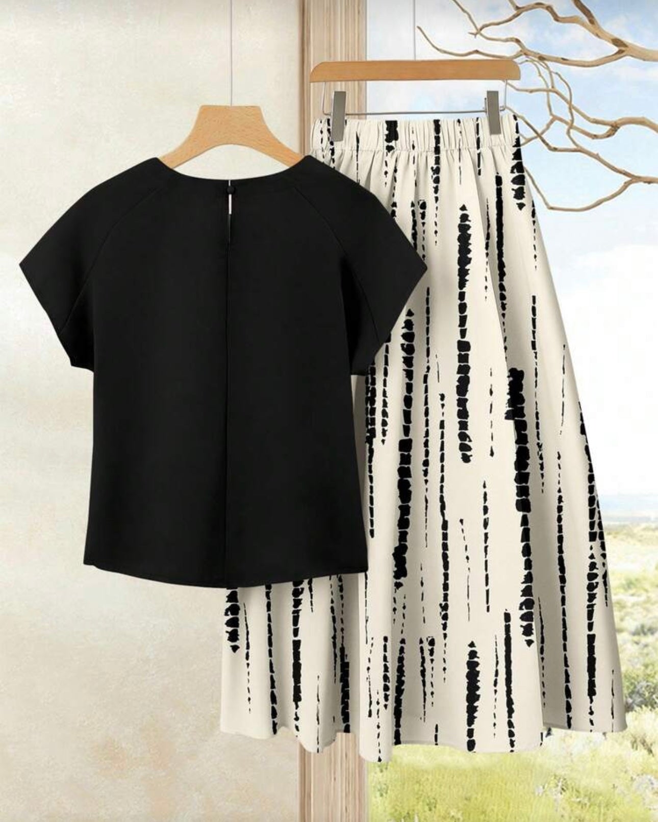 2pcs/Set Women's Casual Black Top + Tie-Dye Printed Skirt Set