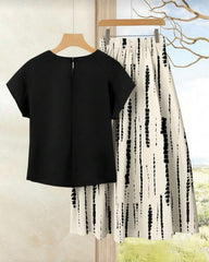 2pcs/Set Women's Casual Black Top + Tie-Dye Printed Skirt Set