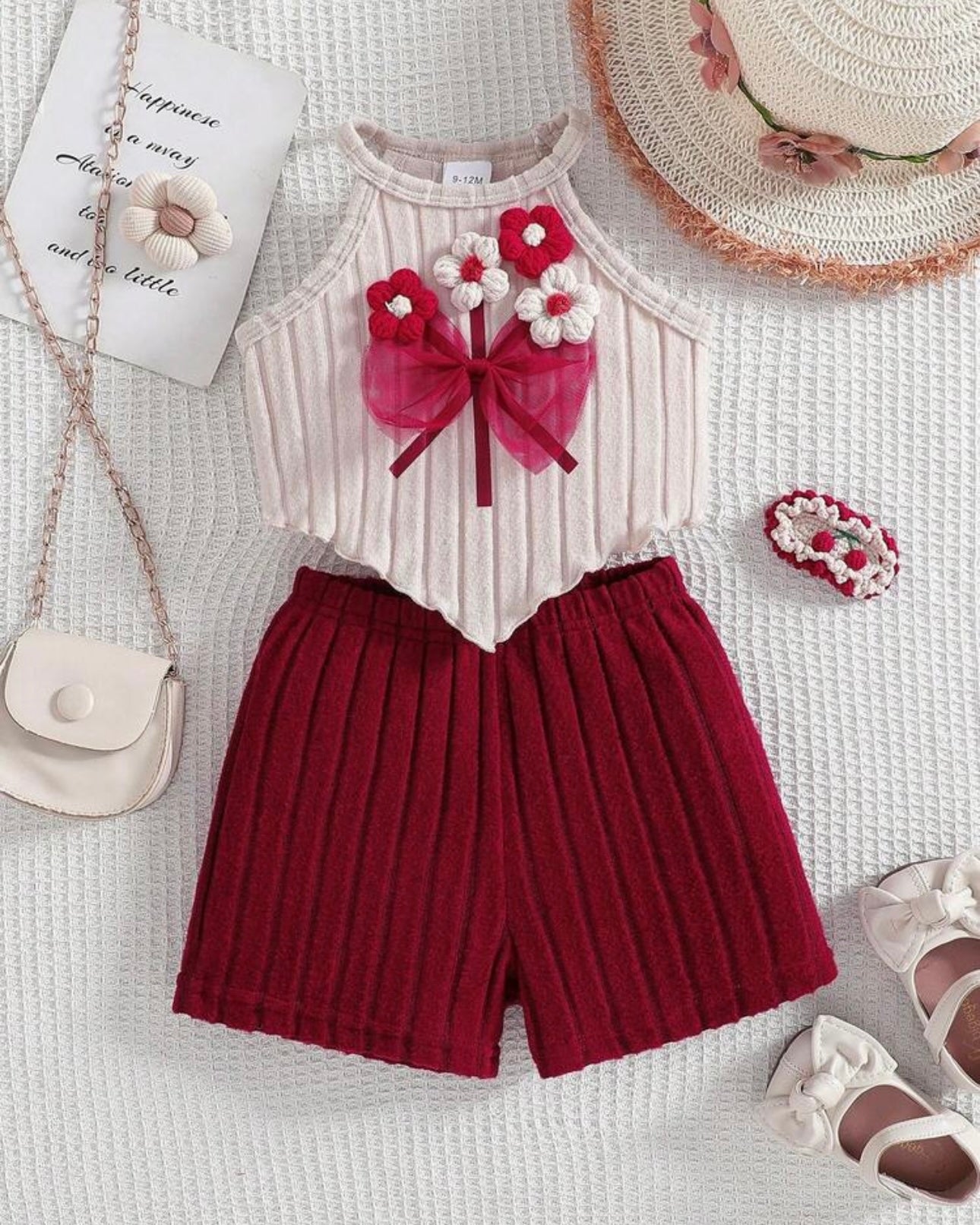 Burgundy Crochet Flower Halter Top & Ribbed Shorts Set – 2PCS Summer Outfit