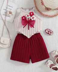 Burgundy Crochet Flower Halter Top & Ribbed Shorts Set – 2PCS Summer Outfit