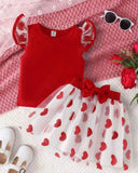 Girls 2pc Red Bow Top & Glitter Heart Tulle Skirt Set