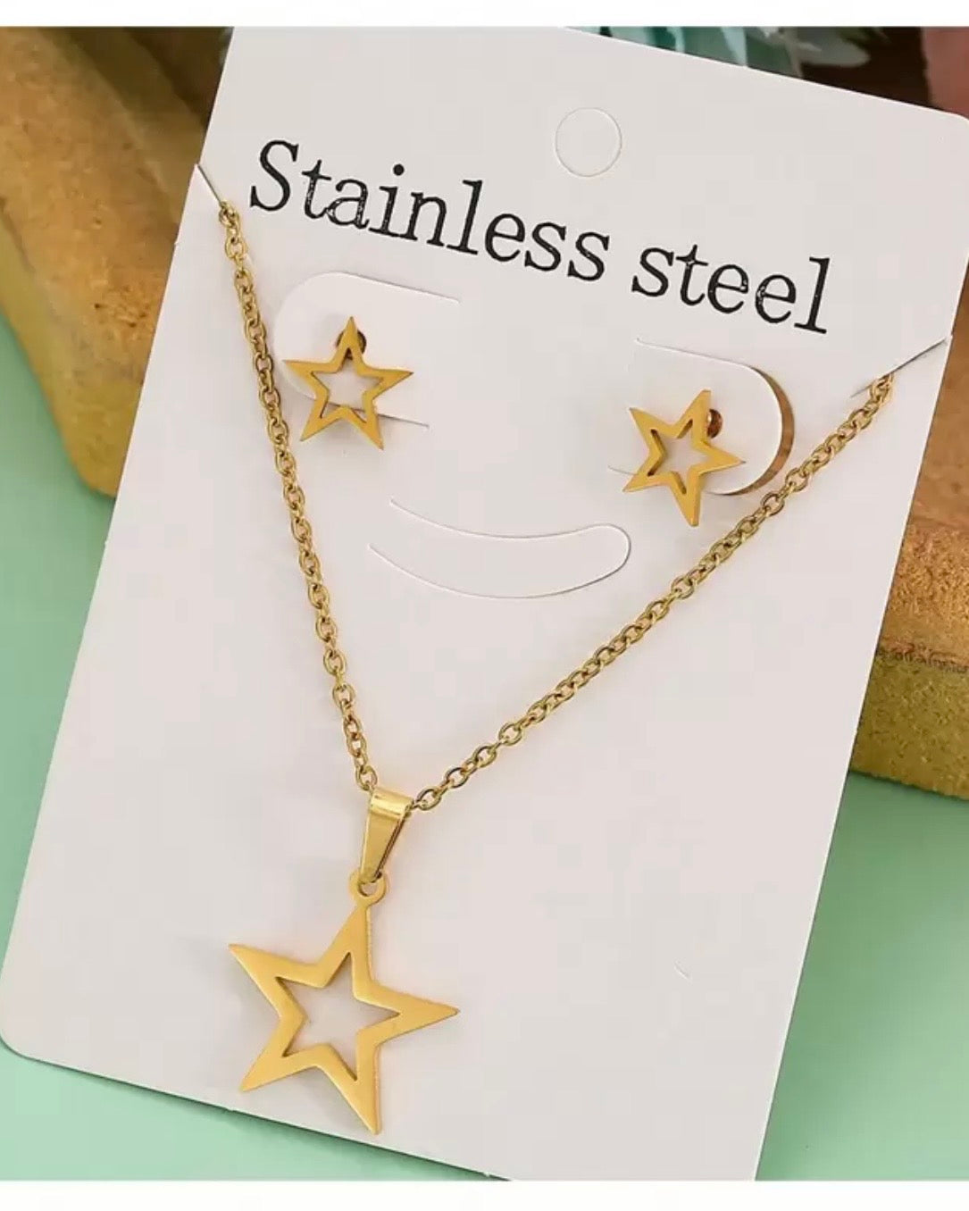 2 Sets Stainless Steel Gold-Tone Heart & Stars Necklace Chain & Earrings Set