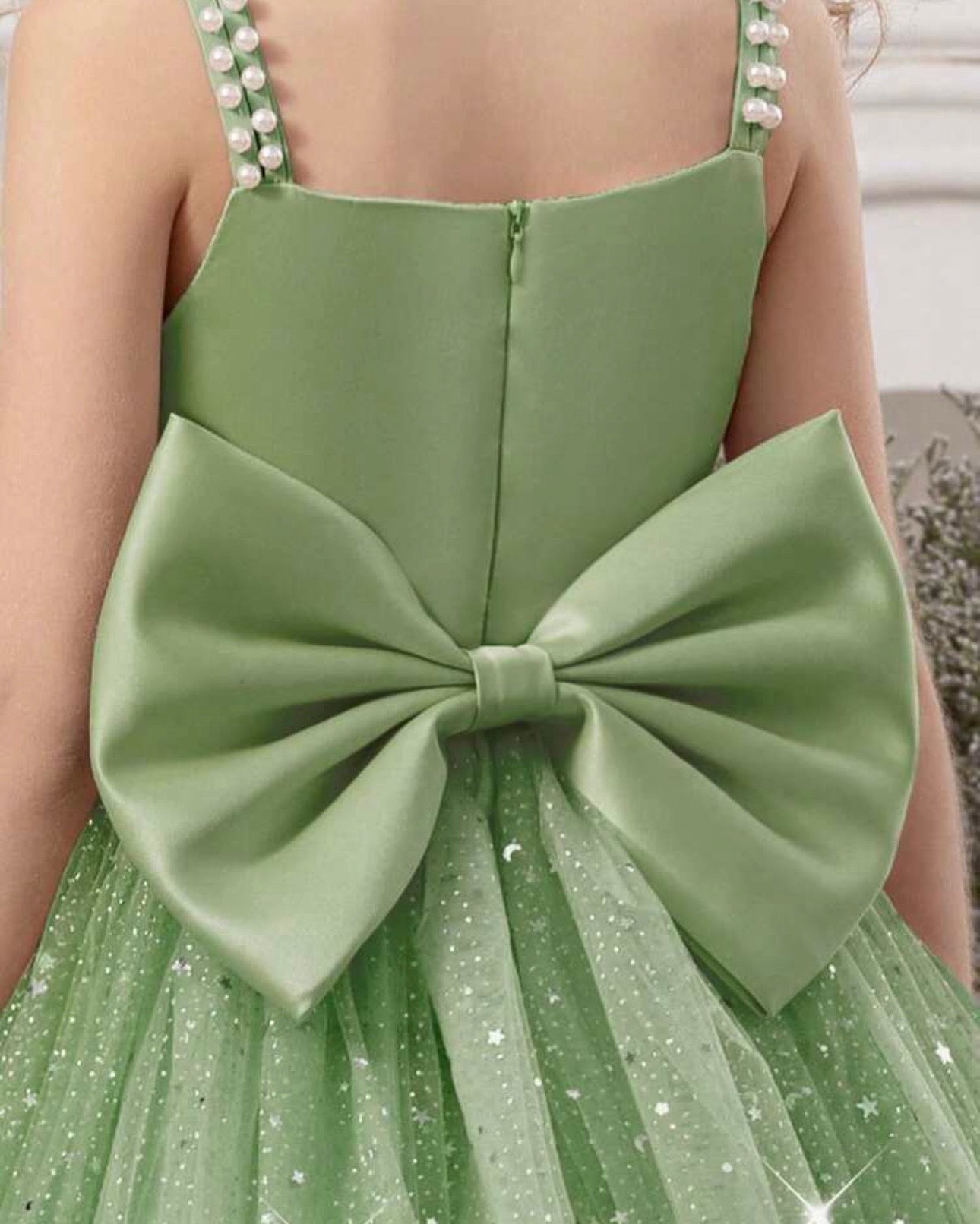 Girls Pearl Strap Star Mesh Bow Mint Green Princess Dress