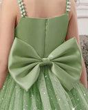 Girls Pearl Strap Star Mesh Bow Mint Green Princess Dress