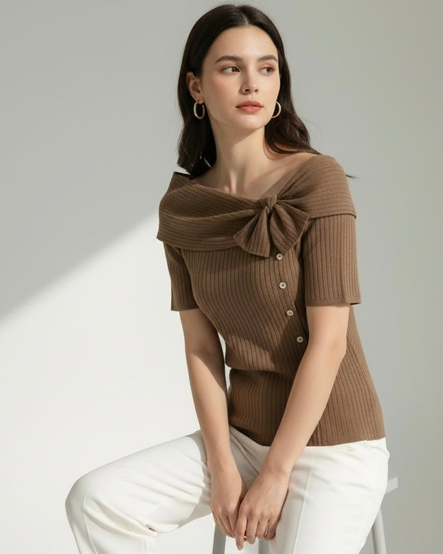 Women’s Brown Asymmetric Bow Decor Casual T-Shirt