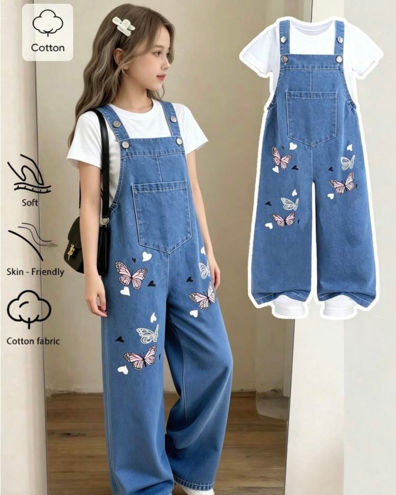Tween Girls Butterfly print Denim Over all