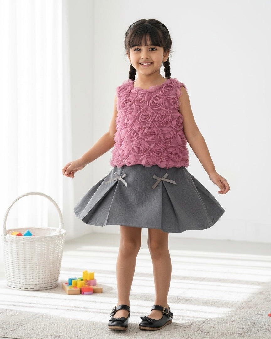2pcs Girls Pink 3D Floral Sleeveless Top And Skirt