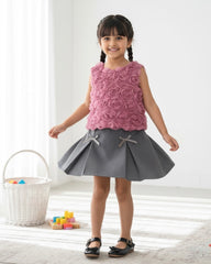2pcs Girls Pink 3D Floral Sleeveless Top And Skirt