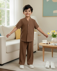2pc Boys Brown Textured Shirt & Trouser Set