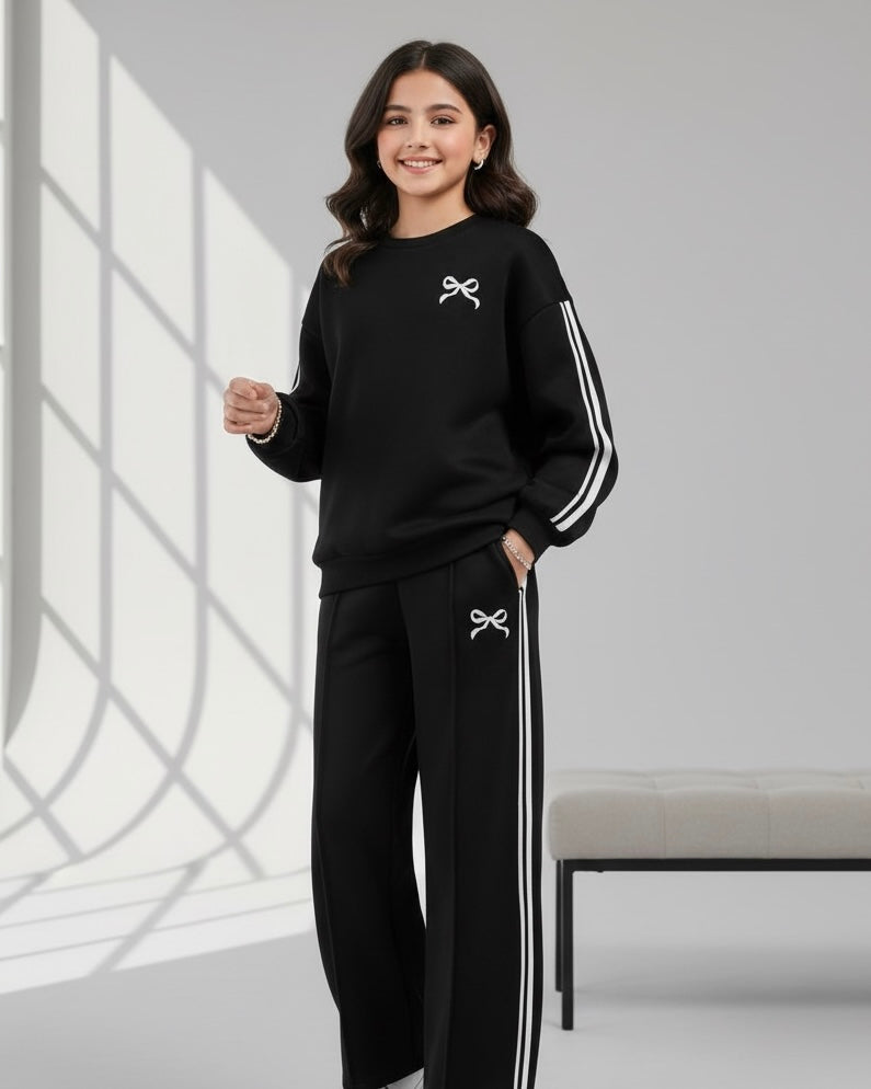 Tween Girl Casual Bow Print Knit Solid Color Loose Drop Shoulder Long Sleeve Sweatshirt & Wide Leg Sweatpants Set