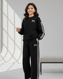 Tween Girl Casual Bow Print Knit Solid Color Loose Drop Shoulder Long Sleeve Sweatshirt & Wide Leg Sweatpants Set