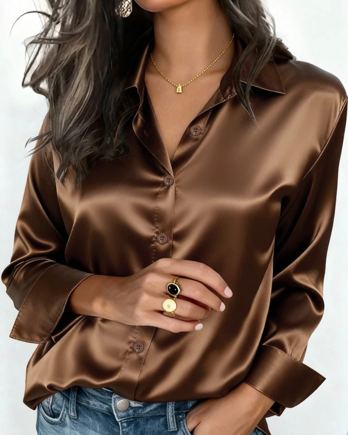Rust Brown Women's Satin Casual Button-Up Shirt With Collar Design