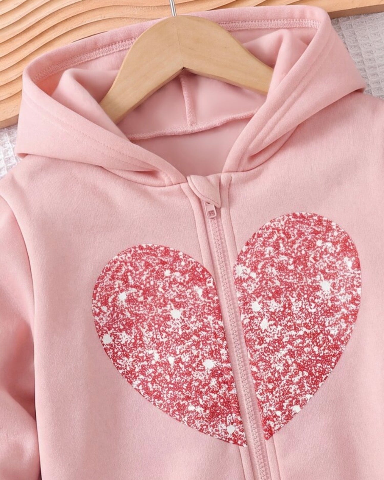Young Girl Heart Print Hooded Zip-Up Cardigan