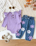 2pcs Purple Baby Girl Flutter Sleeve Bodysuit & 3D Floral Pants