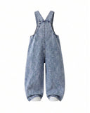 Girls Pink and White Heart Embroidered Denim Overalls – Loose Straight Leg Cotton Jumpsuit