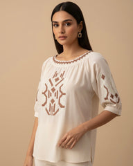 Heavy Embroidered Crew Neck Casual Shirt for Women