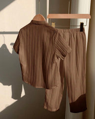 2pc Boys Brown Textured Shirt & Trouser Set