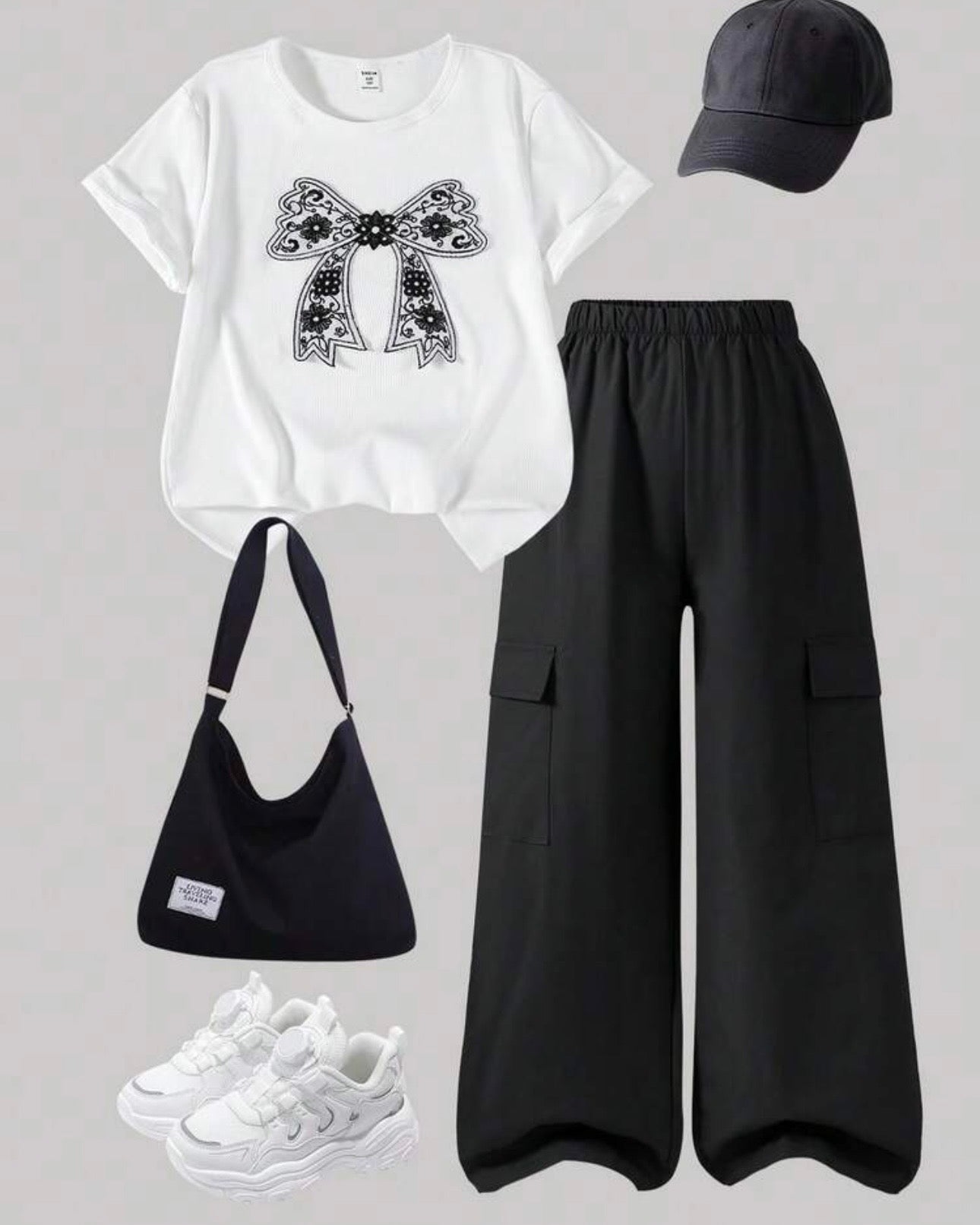 Tween Girls Black & White Bow Embroidery T-Shirt with Cargo Pants Set