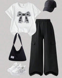 Tween Girls Black & White Bow Embroidery T-Shirt with Cargo Pants Set
