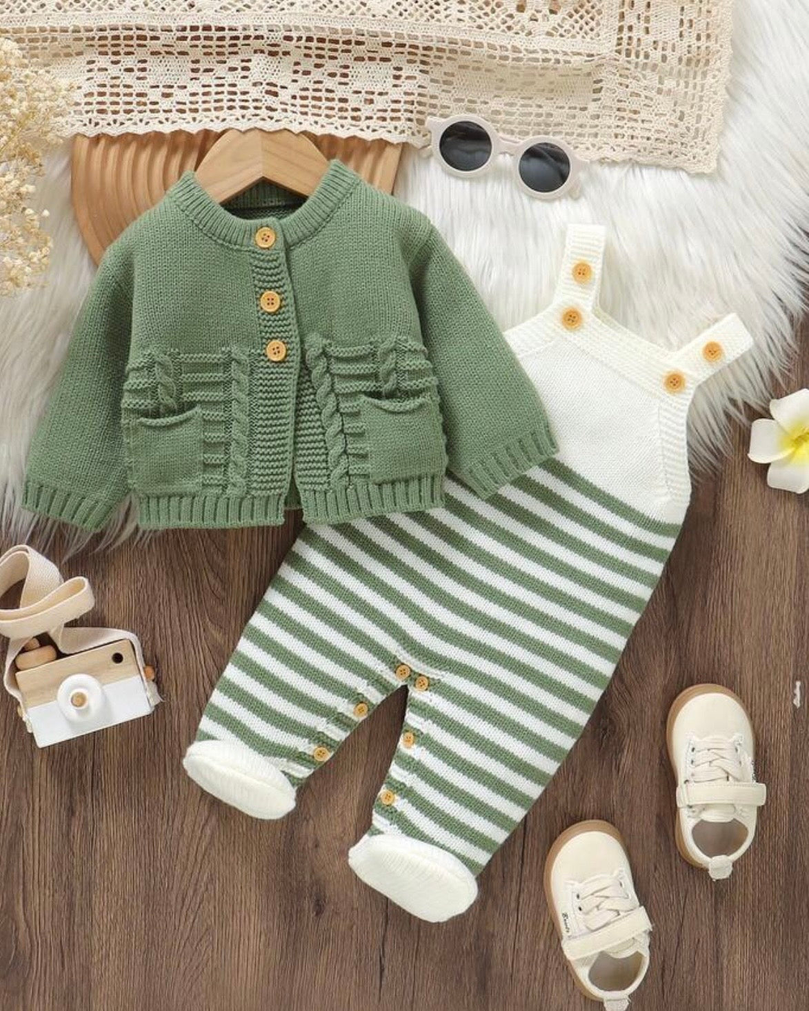 Newborn Baby Green and White Striped Cardigan + Suspender Romper