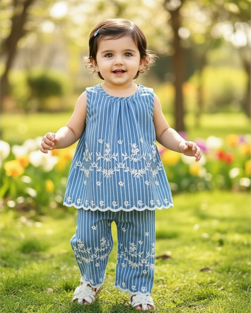 Baby Girls Blue Sleeveless Co-Ord Set – Printed Embroidered Hem Top & Wide-Leg Pants