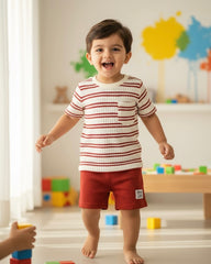 2pcs Knit Round Neck Short Sleeve T-Shirt And Red Shorts Set