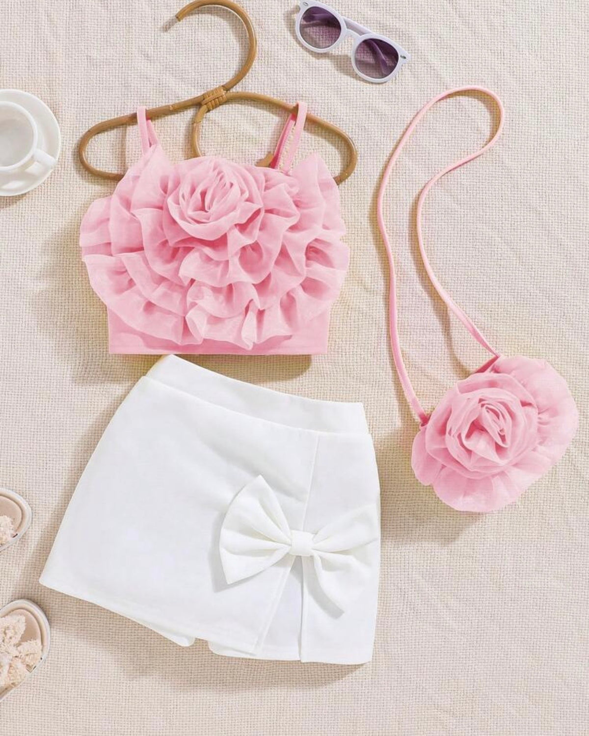 3pc set Baby Pink bow shirt, Shorts and Bag