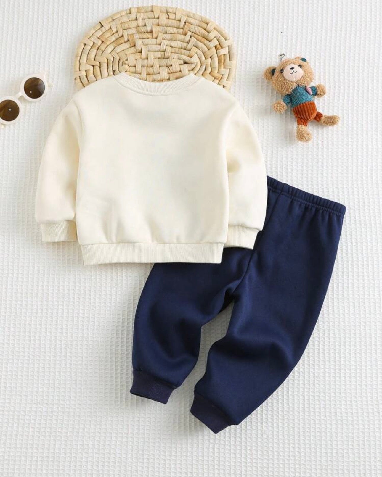 2pcs Baby Boy Bear Round Neck Hoodie And Blue Pants Set
