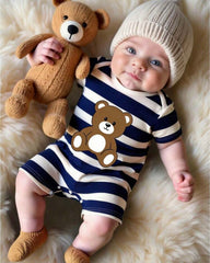 Baby Boy Striped Bear Print Short Sleeve Romper