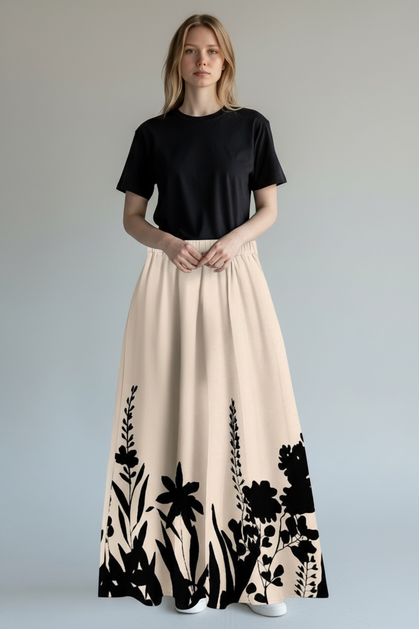 2pcs/Set Women's Vacation Casual Solid Color Top + Printed Skirt Set