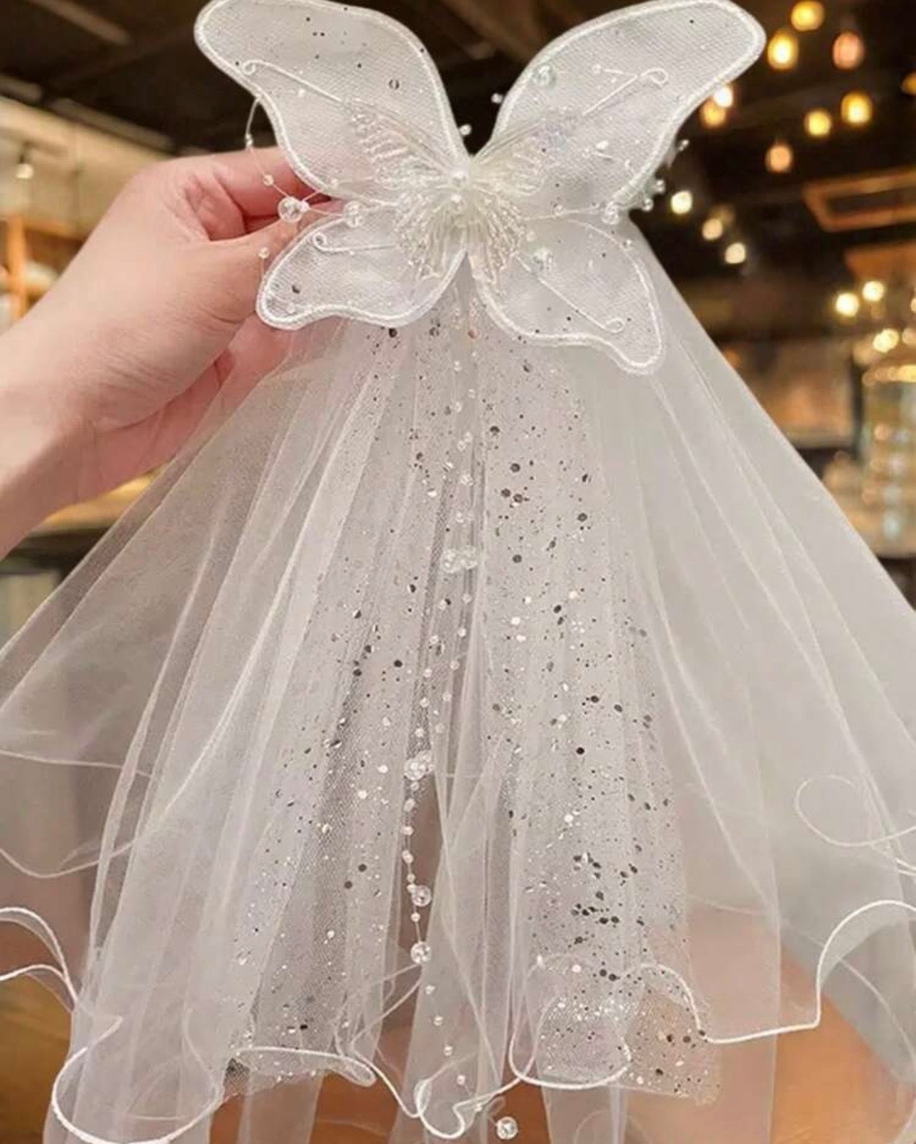 1pc Girls Fairy-Style White Pearl Puff Tulle Bow Ribbon Hair Clip