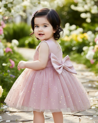 Baby Girls’ Pink Asymmetric Shoulder Faux Pearl Sequin Mesh Elegant Flower Girl Dress