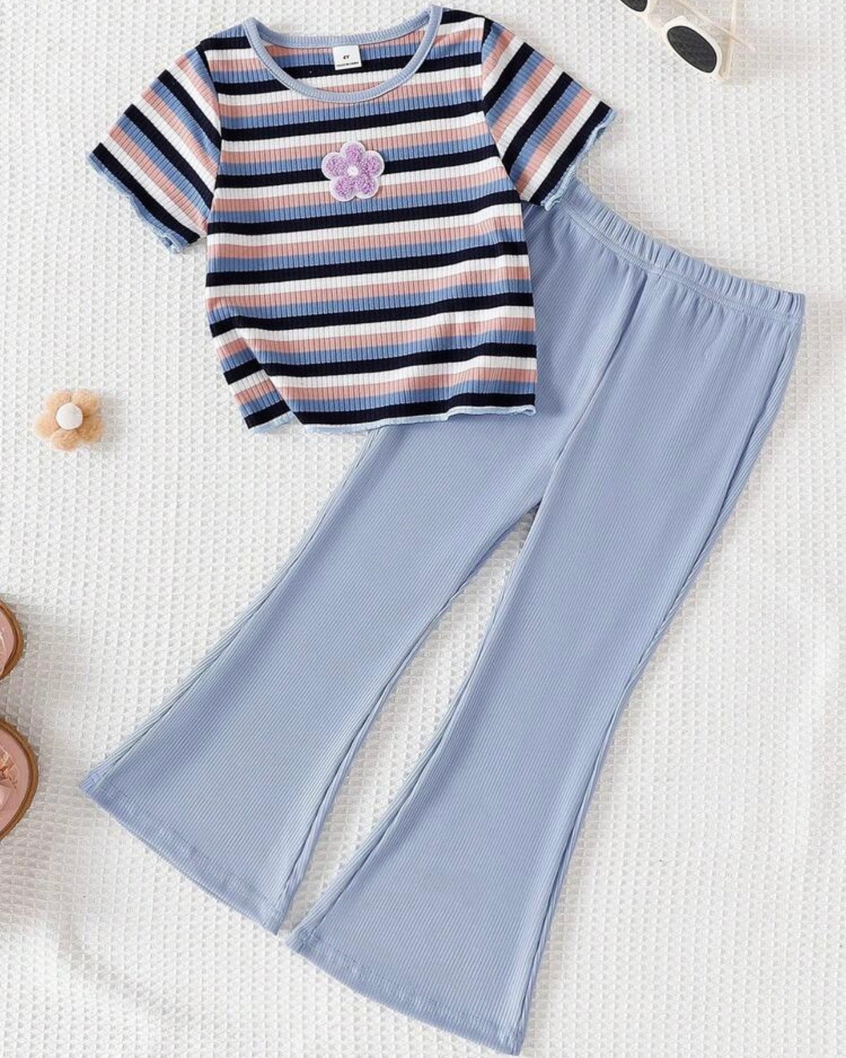 Kids Girl's Striped Blue Embroidered Flare Pants Set