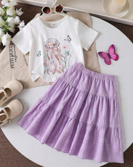 2pcs Purple Floral Print & Girl Shirt and Silhouette Skirt Set