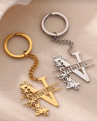 Personalized Stainless Steel Initial Keychain with Floral Design